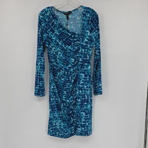 Bcbgmaxazria Blue Asymmetrical Neckline Long Sleeve Rushed Bodycon Dress Size M